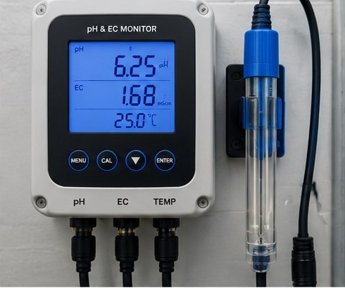 Clean pH and EC monitoring interface for hydroponic systems