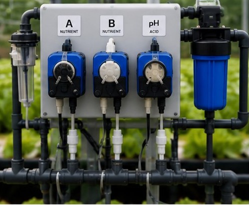 Fertigation injector heads and dosing pumps